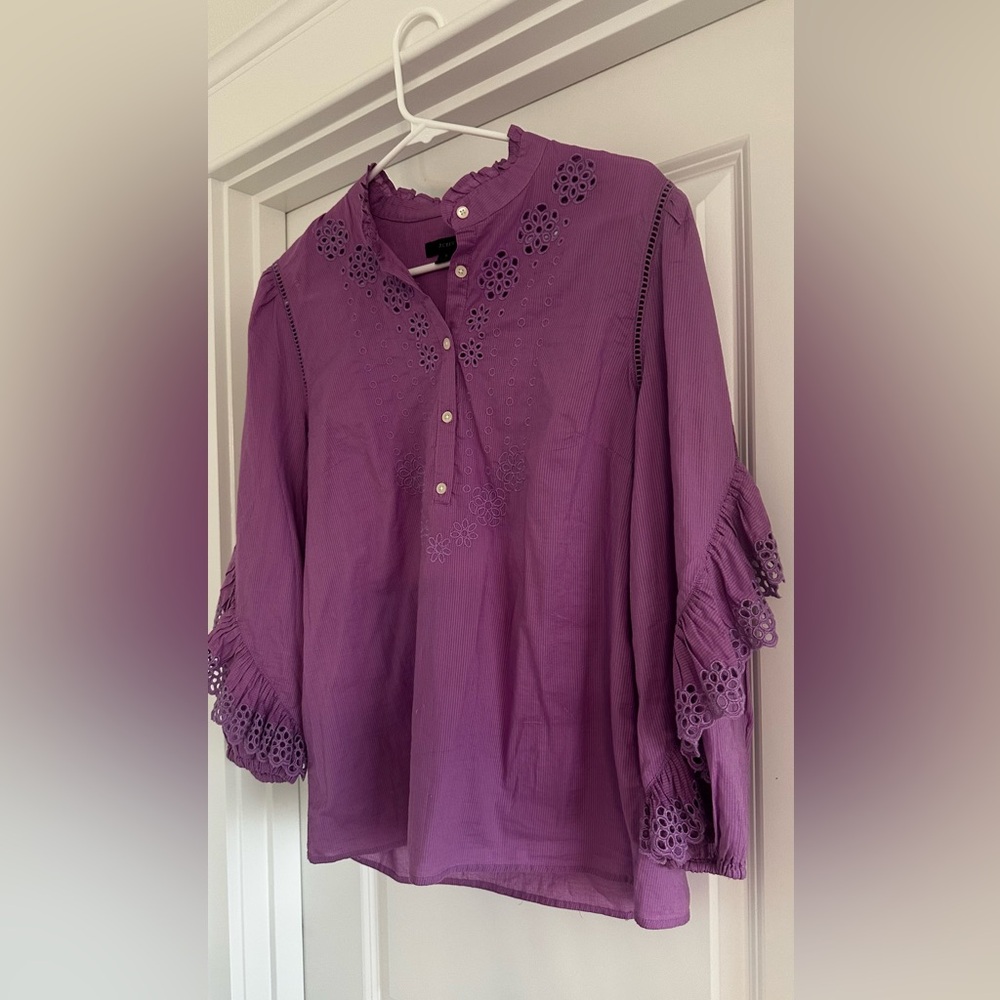 Cotton J Crew Purple Eyelet Blouse with Ruffled Sleeves